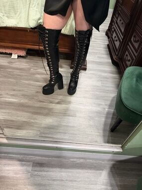Over-the-Knee Black Lace-Up Platform Boots